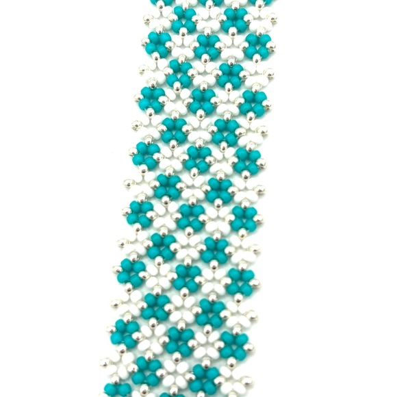 Hand Crafted Beaded Checkerboard Bracelet Aqua White - Picture 6 of 11